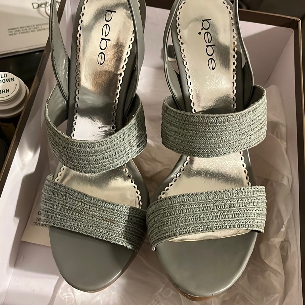 Bebe Gray/Steel Blue Unique platform heels with a rustic red heel.